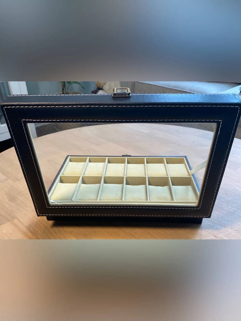 Black Leather 12 Watch / Jewelry Organizer With Clear Top & Metal Securing Latch